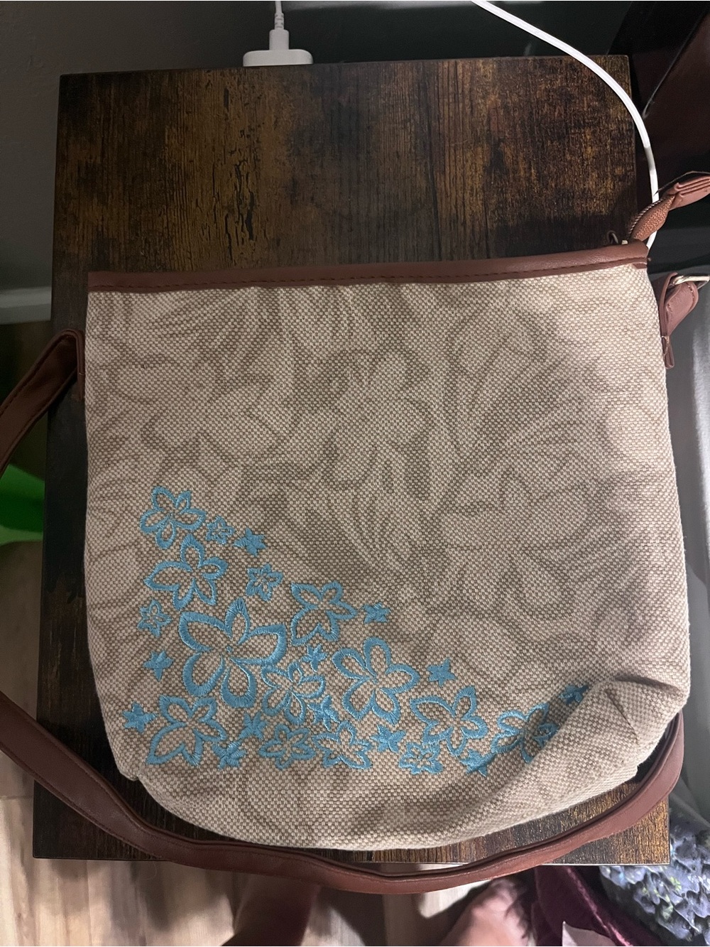 Woman Within Beige Crossbody Bag with Blue Floral Embroidery and Brown Trim